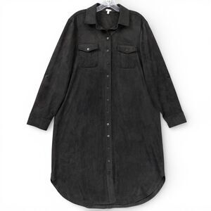 REBA Black Faux Suede Shirt Dress L Button Front Long Sleeve Western